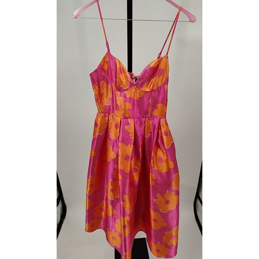 Lulus Women Vivinna Pink and Orange Floral Jacquard Pleated Midi Dress M